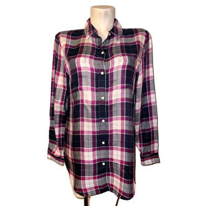 BANANA REPUBLIC Top Women's Size M Purple Plaid Button Up Boyfriend Fit LS Shirt
